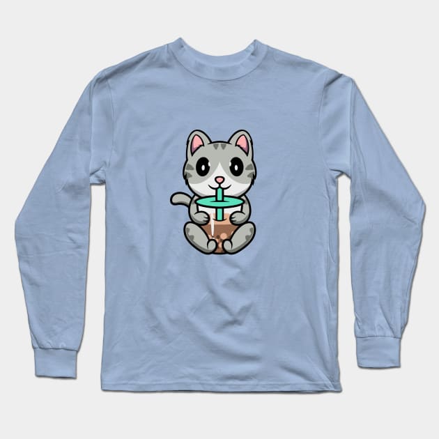 Cute Kitten enjoying Boba tea Long Sleeve T-Shirt by Cubbone